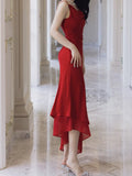 Modest Sheath Spaghetti Straps Red Chiffon Prom Dresses Ruffles Evening Dress HZ1024