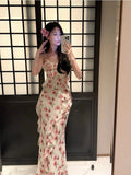 Modest Sheath Spaghetti Straps Pink Floral Chiffon Prom Dresses Ruffles Evening Dress HZ1024