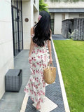 Modest Sheath Spaghetti Straps Pink Floral Chiffon Prom Dresses Ruffles Evening Dress HZ1024