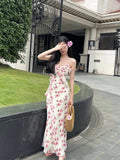 Modest Sheath Spaghetti Straps Pink Floral Chiffon Prom Dresses Ruffles Evening Dress HZ1024