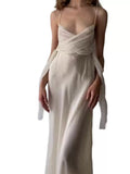 Modest A Line Spaghetti Straps White Prom Dresses Ruffles Backless Evening Dress HZ1024