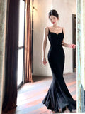 Pretty Sheath Spaghetti Straps Black Long Prom Dresses Evening Dress With Ruffles HZ1024