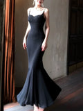 Pretty Sheath Spaghetti Straps Black Long Prom Dresses Evening Dress With Ruffles HZ1024