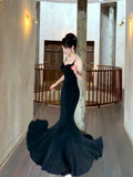 Pretty Sheath Spaghetti Straps Black Long Prom Dresses Evening Dress With Ruffles HZ1024