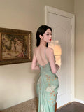 Modest Sheath Spaghetti Straps Green Floral Long Prom Dresses Backless Evening Dress HZ1024