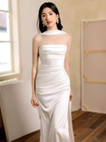 Sexy Sheath Strapless White Long Prom Dresses Satin Slit Birthday Outfits HZ1024