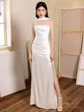 Sexy Sheath Strapless White Long Prom Dresses Satin Slit Birthday Outfits HZ1024