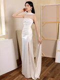 Sexy Sheath Strapless White Long Prom Dresses Satin Slit Birthday Outfits HZ1024