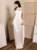 Sexy Sheath Strapless White Long Prom Dresses Satin Slit Birthday Outfits HZ1024