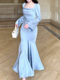 Pretty Mermaid Square Neckline Light Sky Blue Silk Satin Prom Dresses Sexy Evening Dress HZ1024