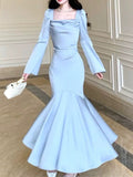 Pretty Mermaid Square Neckline Light Sky Blue Silk Satin Prom Dresses Sexy Evening Dress HZ1024