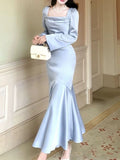 Pretty Mermaid Square Neckline Light Sky Blue Silk Satin Prom Dresses Sexy Evening Dress HZ1024