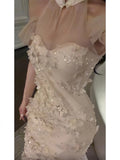 Pretty Mermaid High Neckline White Tulle Floral Prom Dresses Sexy Evening Dress HZ1024