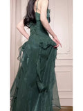 Pretty A Line Spaghetti Straps Green Long Chiffon Prom Dresses Sexy Evening Dress HZ1024