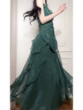 Pretty A Line Spaghetti Straps Green Long Chiffon Prom Dresses Sexy Evening Dress HZ1024