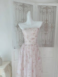 Pretty A Line Strapless Floral Pink Chiffon Prom Dresses Sexy Evening Dress HZ1024