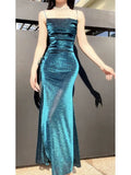 Pretty Sheath Spaghetti Straps Blue Sequin Long Prom Dresses Sexy Evening Dress HZ1024