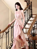 Pretty High Low Scoop Neckline Pink Silk Satin Prom Dresses Sexy Evening Dress HZ1024