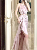 Pretty High Low Scoop Neckline Pink Silk Satin Prom Dresses Sexy Evening Dress HZ1024