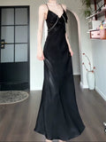 Pretty Sheath Spaghetti Straps Black Silk Satin Prom Dresses Sexy Evening Dress HZ1024