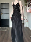 Pretty Sheath Spaghetti Straps Black Silk Satin Prom Dresses Sexy Evening Dress HZ1024