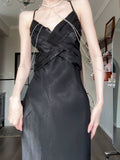 Pretty Sheath Spaghetti Straps Black Silk Satin Prom Dresses Sexy Evening Dress HZ1024