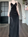 Pretty Sheath Spaghetti Straps Black Silk Satin Prom Dresses Sexy Evening Dress HZ1024