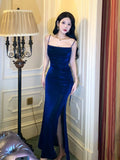 Pretty Sheath Straps Floor Length Royal Blue Slit Prom Dresses Simple Evening Dress HZ1024