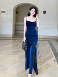 Pretty Sheath Straps Floor Length Royal Blue Slit Prom Dresses Simple Evening Dress HZ1024