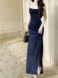 Pretty Sheath Straps Floor Length Royal Blue Slit Prom Dresses Simple Evening Dress HZ1024