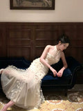 Modest Mermaid High Neckline White Tulle Floral Prom Dresses Sexy Evening Dress HZ1024