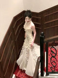 Modest Mermaid High Neckline White Tulle Floral Prom Dresses Sexy Evening Dress HZ1024