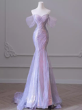 Sexy Mermaid Off The Shoulder Light Lilac Long Prom Dresses Tulle Birthday Outfits HZ1024