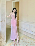 Pretty Mermaid Spaghetti Straps Sequin Pink Slit Long Prom Dresses HZ1024