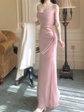 Pretty Mermaid Spaghetti Straps Sequin Pink Slit Long Prom Dresses HZ1024