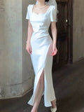 Pretty Mermaid Sweetheart White Satin Slit Long Prom Dresses HZ1024