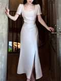 Pretty Mermaid Sweetheart White Satin Slit Long Prom Dresses HZ1024