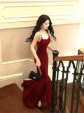 Pretty Mermaid Spaghetti Straps Burgundy Velvet Long Prom Dresses HZ1024