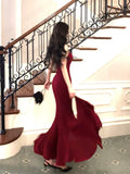 Pretty Mermaid Spaghetti Straps Burgundy Velvet Long Prom Dresses HZ1024