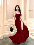 Pretty Mermaid Spaghetti Straps Burgundy Velvet Long Prom Dresses HZ1024