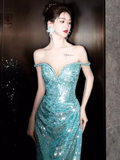Sexy Mermaid Off The Shoulder Green Long Prom Dresses Sequin Birthday Outfits HZ1024
