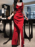 Pretty Mermaid Spaghetti Straps Burgundy Satin Slit Long Prom Dresses HZ1024