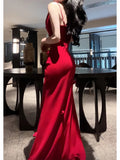 Pretty Mermaid Spaghetti Straps Burgundy Satin Slit Long Prom Dresses HZ1024