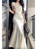 Pretty Mermaid Straps Ivory Silk Satin Long Prom Dresses HZ1024
