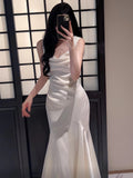 Pretty Mermaid Straps Ivory Silk Satin Long Prom Dresses HZ1024