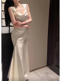 Pretty Mermaid Straps Ivory Silk Satin Long Prom Dresses HZ1024
