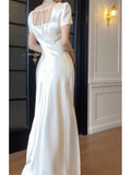 Pretty Sheath Square Neckline Short Sleeves Slit Prom Dresses HZ1024