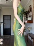 Pretty Sheath Spaghetti Straps Satin Green Long Prom Dresses HZ1024