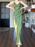 Pretty Sheath Spaghetti Straps Satin Green Long Prom Dresses HZ1024