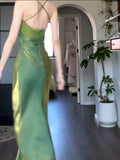 Pretty Sheath Spaghetti Straps Satin Green Long Prom Dresses HZ1024